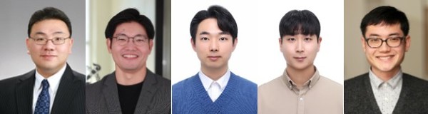 (사진=왼쪽부터 서울대 전기정보공학부 김성재 교수, 서울대 재료공학부 강기석 교수, 서울대 전기정보공학부 박형주 박사과정, 서울대 재료공학부 권기윤 박사, 제주대학교 생명화학공학부 이효민 교수)