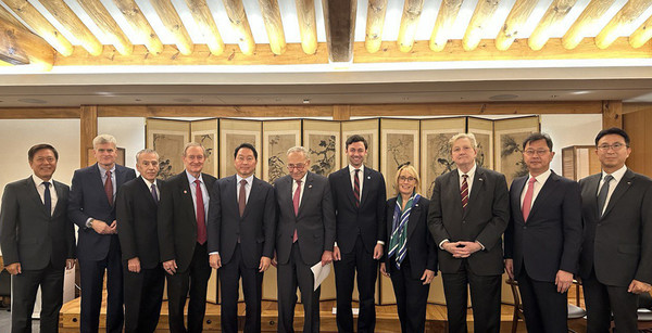왼쪽부터 박정호 SK하이닉스 부회장, Bill Cassidy 루이지애나 공화당 상원의원, Philip S. Goldberg 주한 미국대사, Mike Crepo 아이다호 공화당 상원의원, 최태원 SK 회장, Chuck Schumer 뉴욕 민주당 상원의원 (민주당 원내대표) , Jon Ossoff 조지아 민주당 상원의원, Maggie Hassan 뉴햄프셔 민주당 상원의원, John Kennedy 루이지애나 공화당 상원의원, 최재원 SK 수석부회장, 박원철 SKC 사장 (사진=SK그룹)