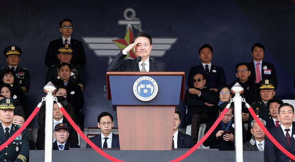 윤석열 대통령이 28일 충북 괴산군 육군학생군사학교에서 열린 2024년 학군장교 임관식에 참석했다.(사진=대통령실)