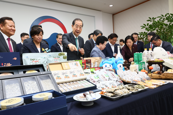 한덕수 국무총리가 9월 3일 세종대로 정부서울청사에서 우리 농수산물로 만든 추석 민생 선물 세트를 전시·홍보하고 소비 촉진을 기원하는 행사에 참석, 국무위원들과 전시된 상품을 살펴보고 있다. (사진=국무조정실)