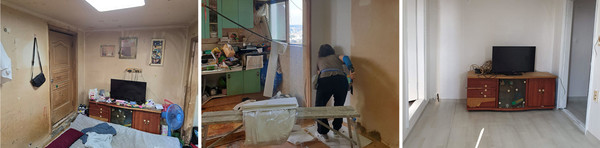 주거개선 사례 사진. 왼쪽부터 시공 전, 시공 중, 시공 후(도배‧장판) (사진=서울시)