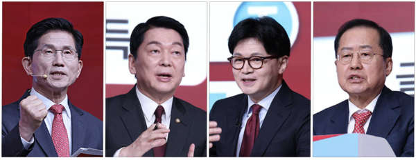 국민의힘은 22일 2차 경선에 진출할 4명의 후보를 발표했다. 2차 경선에 진출한 김문수·안철수·한동훈·홍준표 후보(가나다순) (사진=국민의힘 1차 경선토론회 사진)
