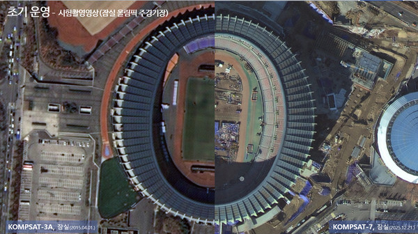 잠실 올림픽 경기장, 다목적3A호(좌)와 다목적7호 시험촬영영상(우) 비교 (사진=우주항공청)