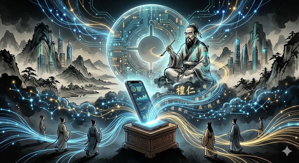 공자의 고전적인 윤리 사상인 ‘예(禮)’가 현대의 스마트폰 빅데이터(사회 신용 시스템)로 변환되어 사회를 규율하는 모습을 상징적으로 시각화