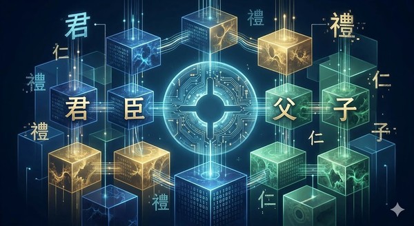 수치화된 도덕적 질서(사회 신용 시스템)를 기하학적 블록과 데이터 스트림의 하이브리드로 표현