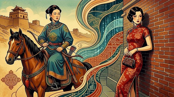 만주족의 기마 문화가 1920년대 상하이의 신여성으로 진화하는 과정을 한 장의 역사 일러스트레이션으로 표현