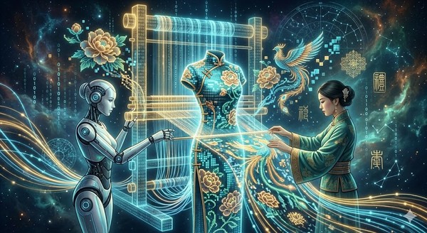 로봇 팔(첨단 기술)과 전통 복식을 입은 여성(전통)이 마주 보고 앉아, 홀로그램 비단실로 치파오를 짜는 장면