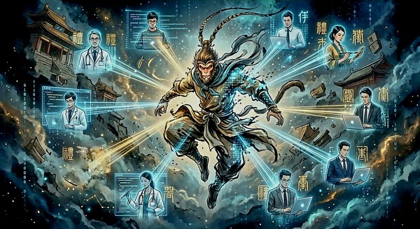 72변의 도술을 미디어 아트 형식으로 시각화. 역동적인 손오공의 몸에서 뻗어 나온 수많은 홀로그램 아바타들이 현대인의 다양한 직업군(의사, 프로그래머, 예술가 등)으로 변신하는 장면을 표현