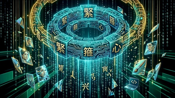 거대한 스마트폰 회로가 금색의 원형 금고아 형태로 손오공의 머리 위를 감싸고 있으며, 그 회로 사이로 수많은 0과 1의 숫자가 폭포처럼 쏟아지는 추상화 패턴의 그림으로 속박과 연결의 이중성을 기하학적으로 표현