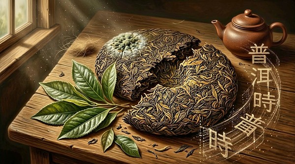 보이차 찻잎이 시간이 흐름에 따라 검게 익어가는 과정을 정밀한 극사실화 기법으로 묘사. 찻잎 한 장 한 장이 마치 고대의 화석처럼 깊은 질감을 내며, 그 찻잎들이 모여 거대한 중국 대륙의 지형도를 형성하는 모습.