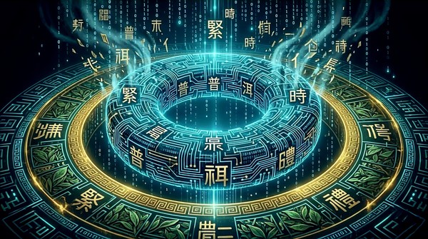 거대한 사이버네틱 사당 중앙에 놓인 보이차 찻잔에서 피어오르는 김이 황금색 데이터 스트림으로 변환되고, 그 스트림이 거대한 홀로그램 용(Dragon)의 형상을 띠며 전설 속 차마고도를 질주하는 모습으로 변화하는 모습으로, 동양 미학의 현대적 복원을 상징하는 하이브리드 아트 형식의 그림