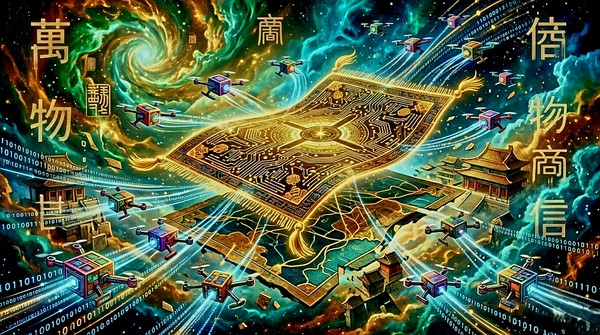 광활한 고비 사막의 모래 언덕 위로 투명한 유리 소재의 마법 양탄자가 떠 있고, 그 위로 수만 개의 디지털 소포들이 은하수처럼 흐르는 모습으로, 사막의 지평선 너머로는 고대 실크로드의 성곽과 현대의 스마트 물류 센터가 신기루처럼 겹쳐 보이고 전체적으로 차가운 청색 네온과 따뜻한 모래색이 대조를 이루는 초현실주의적 그림