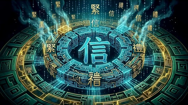 한자 '信' (믿을 신)이 반짝이는 반도체 회로와 광섬유로 정교하게 직조되어 어두운 우주 공간에 떠 있는 모습.으로 한자의 획 사이로 황금빛 데이터 파티클이 폭포처럼 쏟아지며, 아래쪽에는 수많은 스마트폰 화면이 서로 빛의 선으로 연결되어 거대한 신뢰의 그물을 형성하는 추상적이고 영성적인 시각 언어 그림