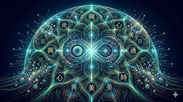 '디지털 공감'과 '집단주의적 유대'를 시각화. 거대한 사이버네틱 사당 중앙에 놓인 보이차 찻잔에서 피어오르는 김이 황금색 데이터 스트림으로 변환되고, 그 스트림이 거대한 홀로그램 용(Dragon)의 형상을 띠며 전설 속 차마고도를 질주하는 모습을 표현한 직품