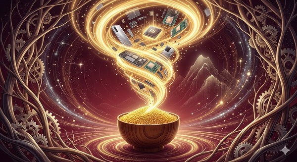 '좁쌀 죽 한 그릇(소박한 시작)이 거대한 태산(기술 제국)이 되는 혁명'을 시각적으로 극대화. 전통적인 나무 그릇에서 뿜어져 나오는 황금빛 좁쌀들이 첨단 반도체와 스마트폰 부품으로 연금술처럼 변모하며 거대한 산의 형상을 이루는 장면을 시각화 한 작품