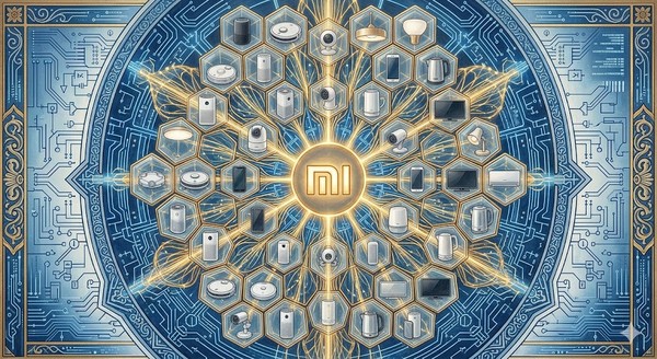 중앙의 '米' 로고를 중심으로 수만 개의 투명한 육각형 셀(Cell)들이 벌집처럼 촘촘히 엮여 있으며, 각 셀 안에는 일상의 가전제품들이 황금빛 광섬유로 연결되어, 전통적인 만다라의 문양과 현대적인 회로 설계도가 중첩된 이 그림은, 기술이 인간의 일상을 어떻게 하나의 유기적인 질서로 통합하는지를 상징하는 '사이버네틱 네오-클래식' 화풍의 작품이다.